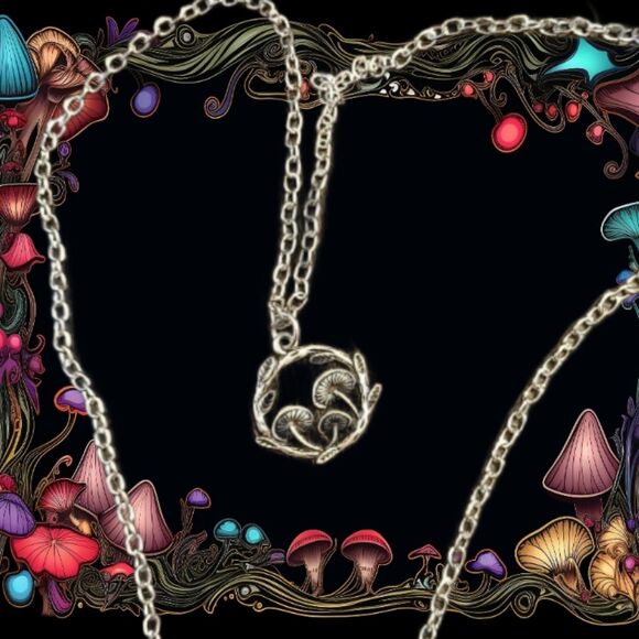 Silver Plated Circle Mushrooms Necklace Fantasy Mushroom - Picture 1 of 9